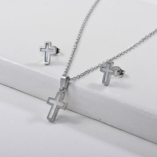 Conjuntos de joyas de collar de concha cruzada de acero inoxidable al por mayor de moda