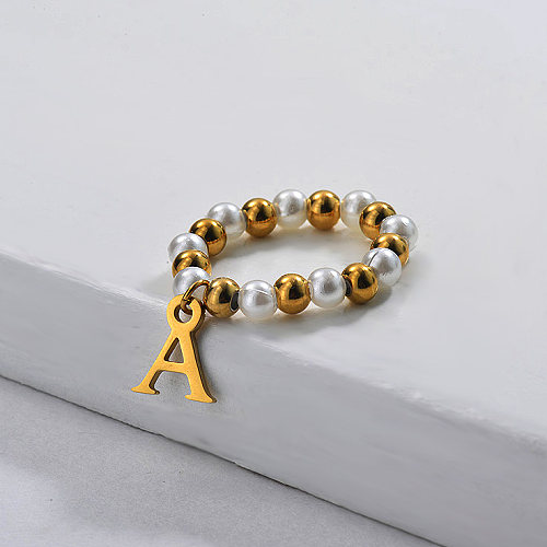 Pearl Beaded Initial Letter Charm Ring