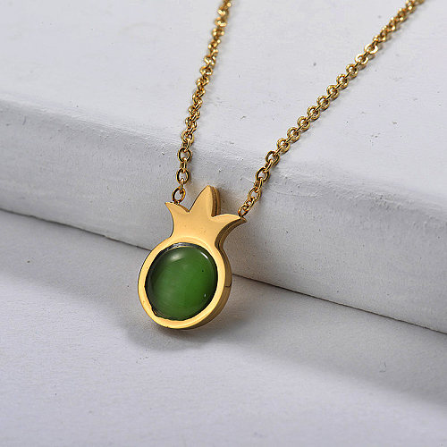 Collier pendentif ananas oeil de chat vert