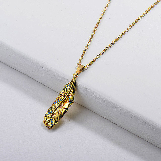 Gold Turquoise Feather Necklace
