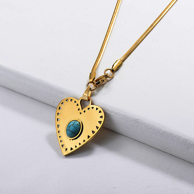 Stainless Steel Gold Turquoise Heart Necklace
