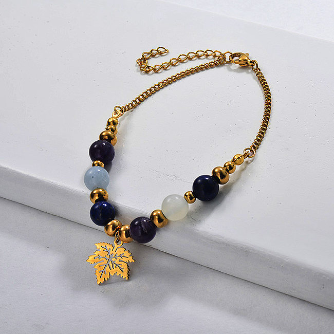 Bracelets de perles de charme de feuille de Lapiz bleu pour dames