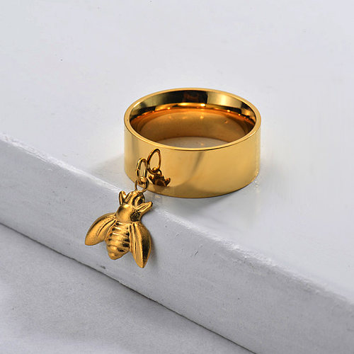 Anel de abelha de faixa larga banhado a ouro