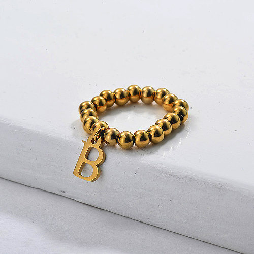 Beaded Initial Letter Charm Ring