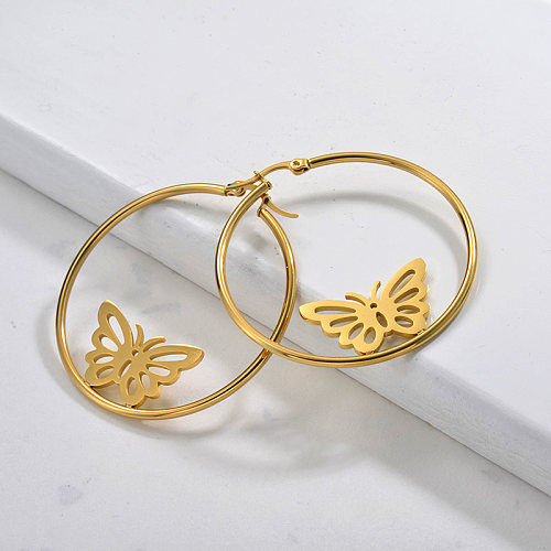 Pendientes de aro de mariposa de acero inoxidable con joyas chapadas en oro