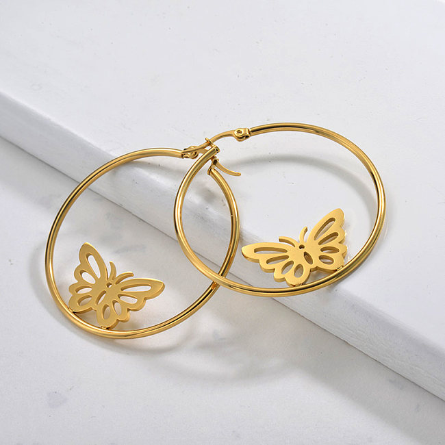 Pendientes de aro de mariposa de acero inoxidable con joyas chapadas en oro