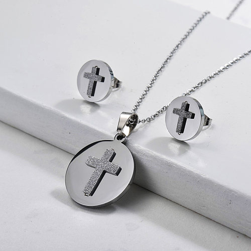 Stainless Steel Silver Cross Necklace Earrings Set