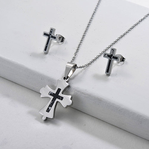 Conjuntos de joyas de pendientes de collar de cruz de plata de acero inoxidable de moda