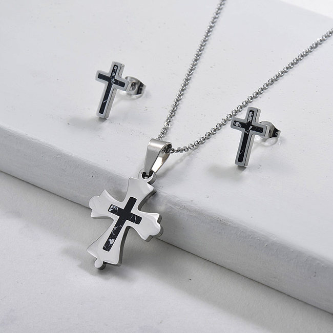 Conjuntos de joias de brincos de prata com cruz de prata de aço inoxidável moda