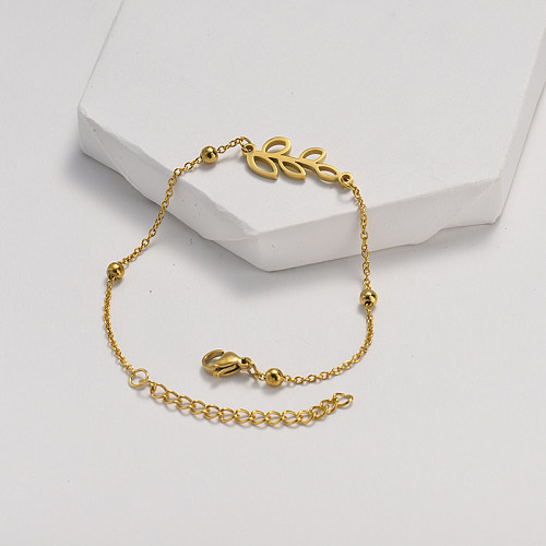 Steel ball chain clause style golden stainless steel bracelet with leaf pendant