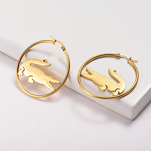 Gold Plated Jewelry Crocodile Design Stainless Steel  Hoop Earrings