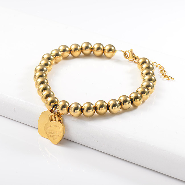 Bracelet boule en acier inoxydable or avec pendentif cœur