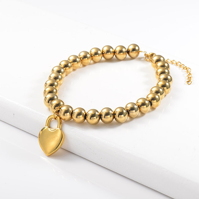 Bracelete de esfera de aço inoxidável dourado com pendente em forma de coração