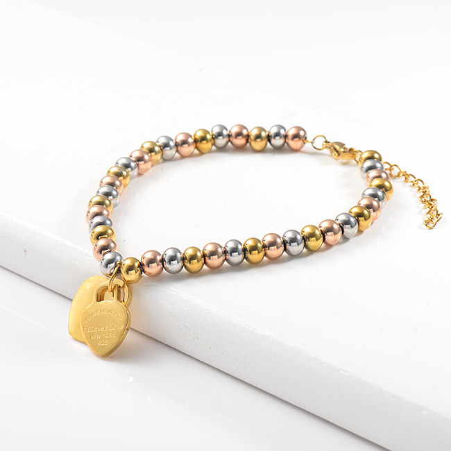Stainless steel mixed color steel ball bracelet with heart pendant
