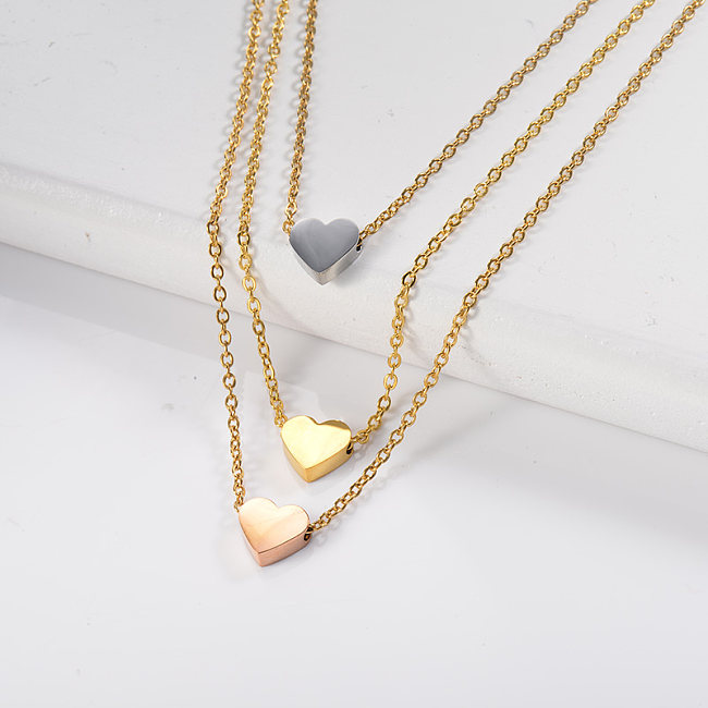 Colorful heart-shaped three-layer gold necklace