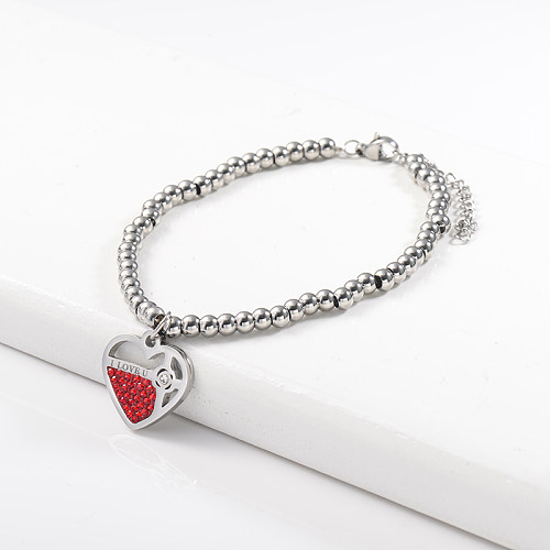 Pulsera de bolas de acero inoxidable con colgante de corazón estilo San Valentín