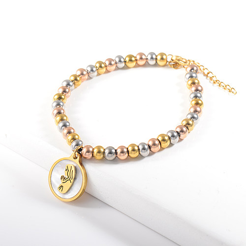 Stainless steel mixed color steel ball bracelet with white shell pendant