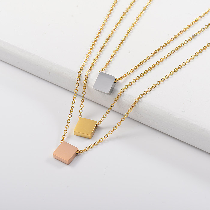 Three-color square three-layer gold necklace