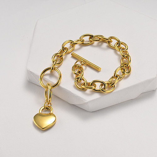 New fashion chain link style gold stainless steel bracelet with solid heart pendant