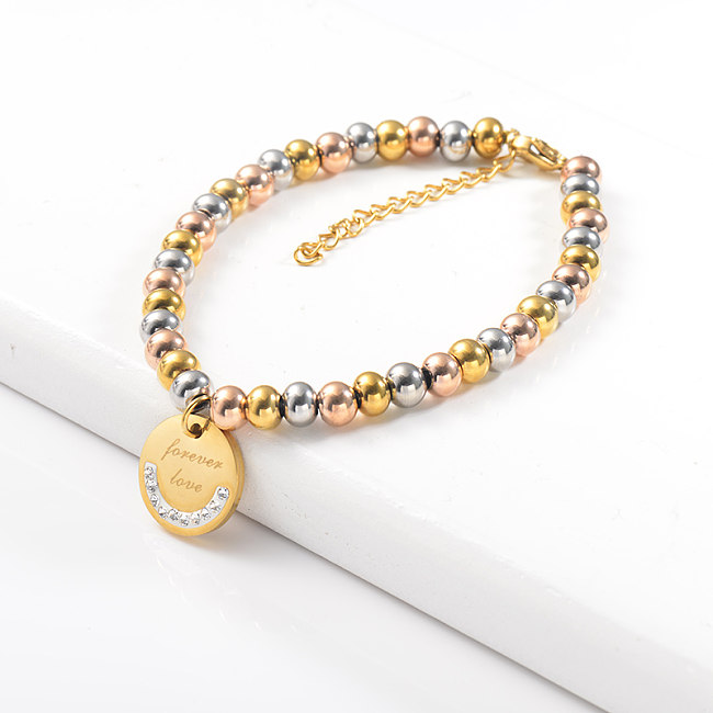 Bracelet perlé en acier inoxydable avec pendentif rond personnalisé