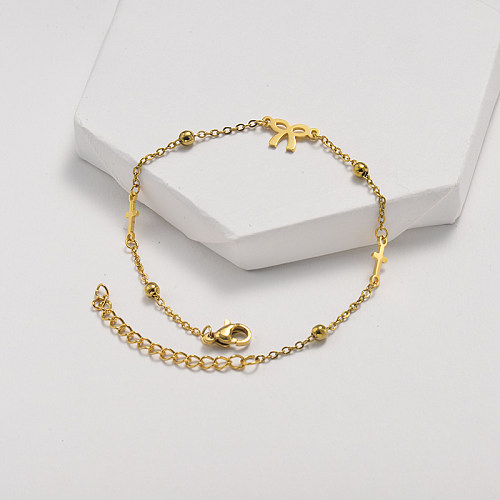 Simple steel ball chain clause style golden stainless steel bracelet with bow pendant