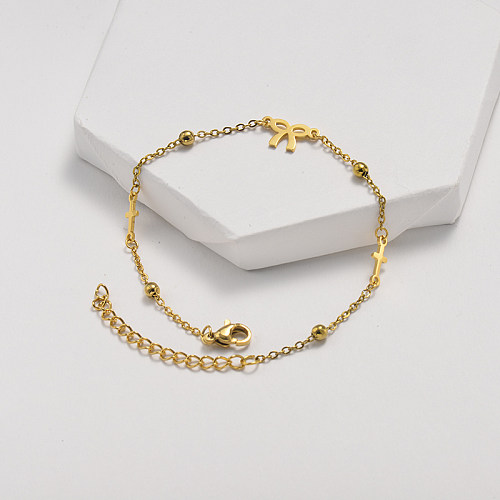 Pulsera de acero inoxidable dorado con cadena de bolas de acero simple con colgante de lazo