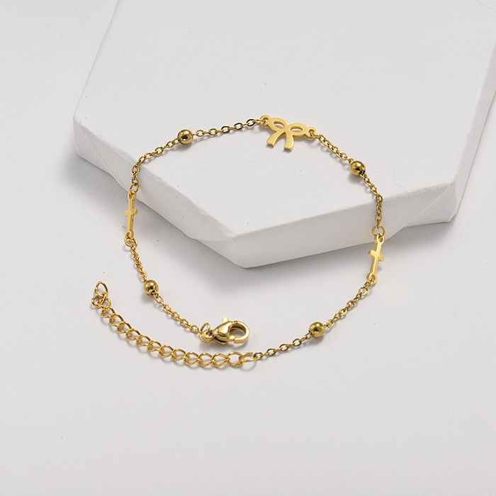 Cláusula de corrente de esfera de aço simples, pulseira de aço inoxidável dourado com pingente de arco