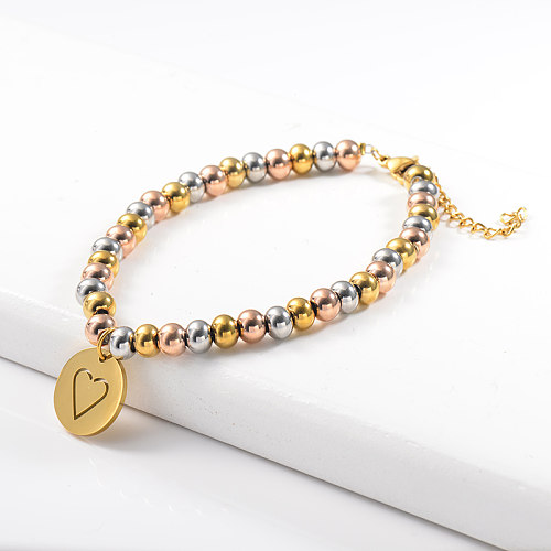 Bracelet en acier inoxydable à billes en acier de couleurs mélangées avec pendentif coeur serrure