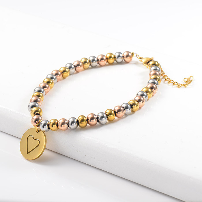 Bracelet en acier inoxydable à billes en acier de couleurs mélangées avec pendentif coeur serrure