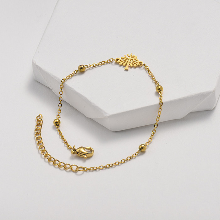 Bracelet en acier inoxydable doré avec clause de chaîne à billes en acier avec pendentif arbre de vie