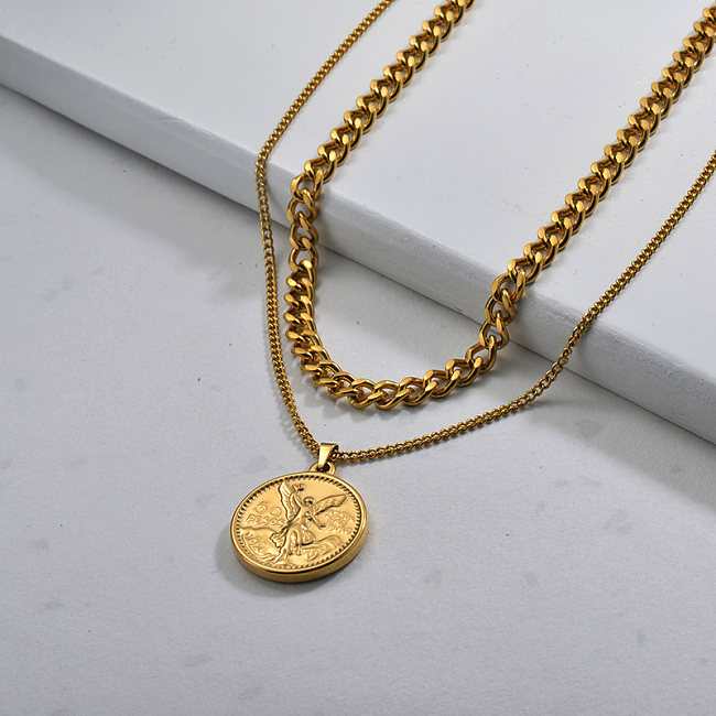 Collar de monedas de doble capa chapado en oro para mujer
