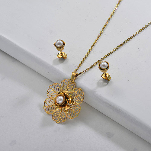 Conjuntos de joias de pérolas de flores de aço inoxidável para mulheres