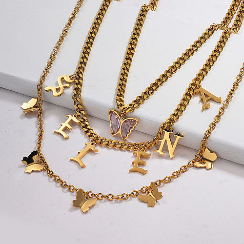 Chunky Crystal Butterfly Initial Letter Name Necklace Layered