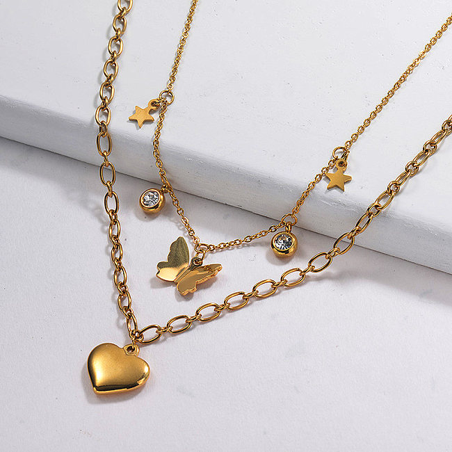 Butterfly Heart Double Layer Necklace in Gold Plated