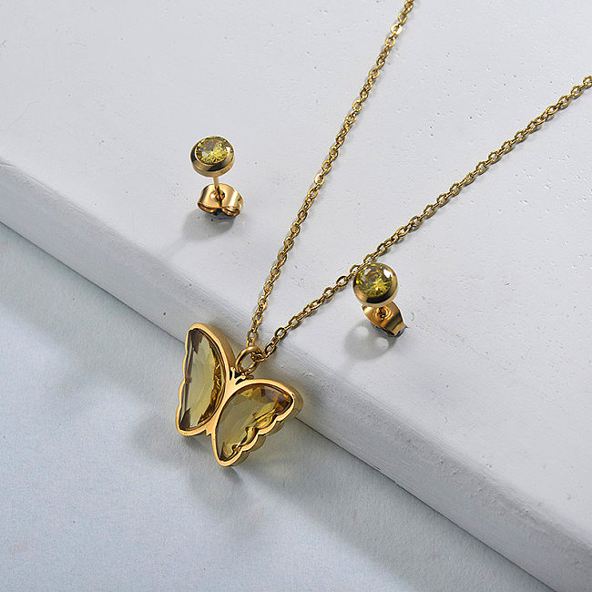 Conjuntos de joias com colar de cristal de borboleta em aço inoxidável