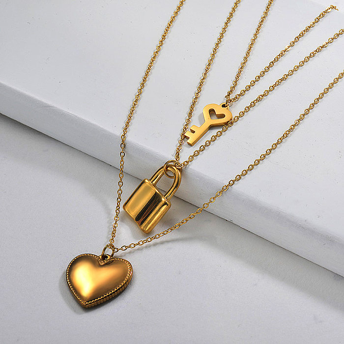 Gold Plated Key Lock Heart Three Layered Necklace - Jewenoir