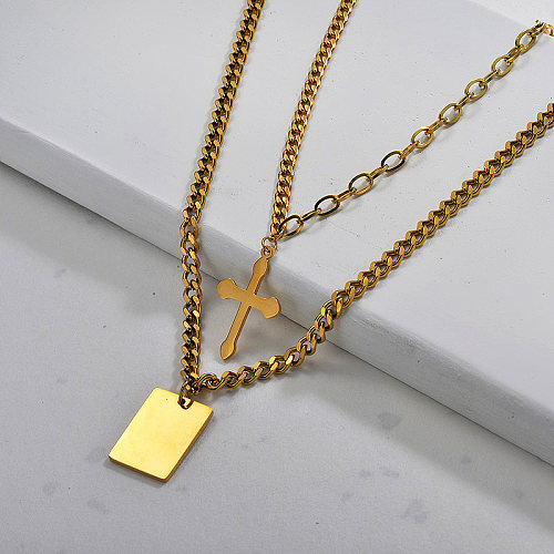 Gold Plated Double Layered Cross Necklace for Ladies