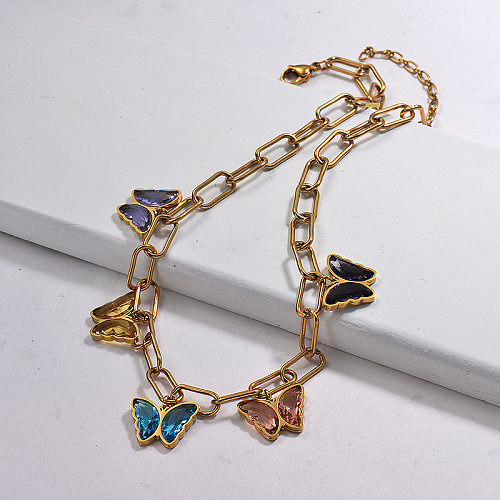 Chunky Crystal Butterfly Necklace Layered