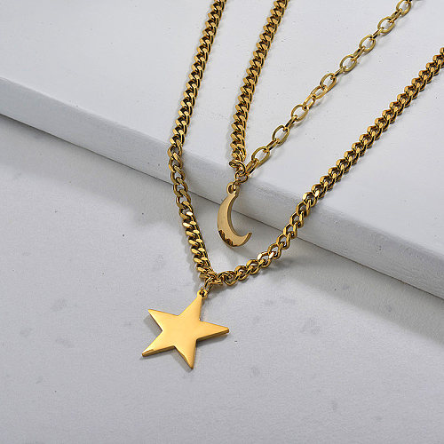 Collar de estrella y luna de doble capa chapado en oro para mujer