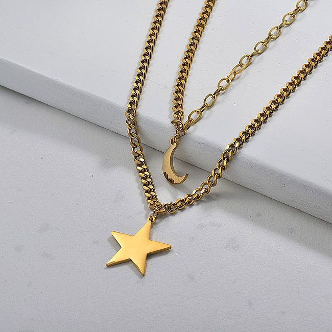Gold Plated Double Layered Moon and Star Necklace for Ladies