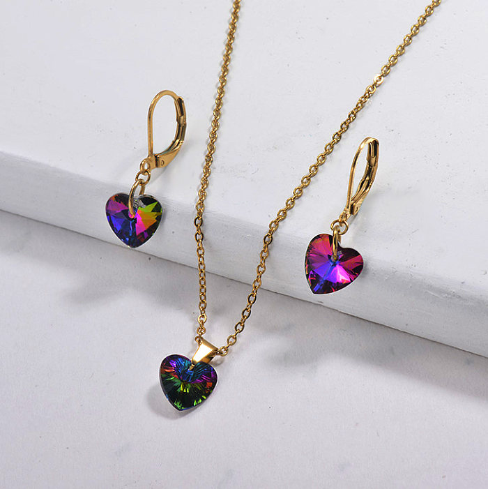 Vente en gros Ensembles de collier en cristal de coeur en acier inoxydable avec ensembles de bijoux Earirng