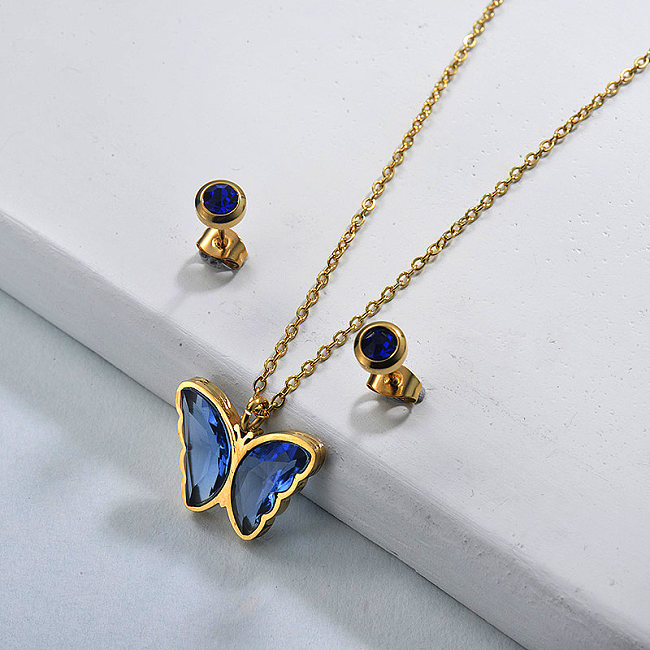 Stainless Steel Crystal Butterfly Necklace Earring Jewelry Sets