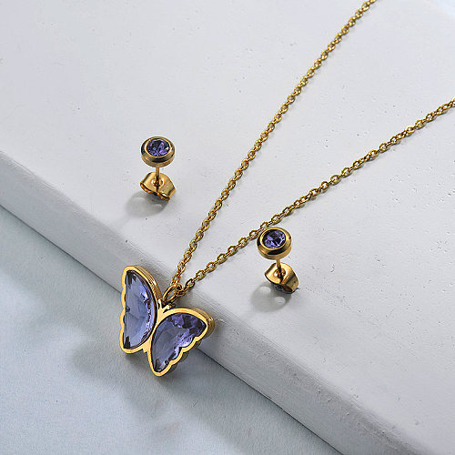 Stainless Steel Crystal Butterfly Necklace Earring Jewelry Sets