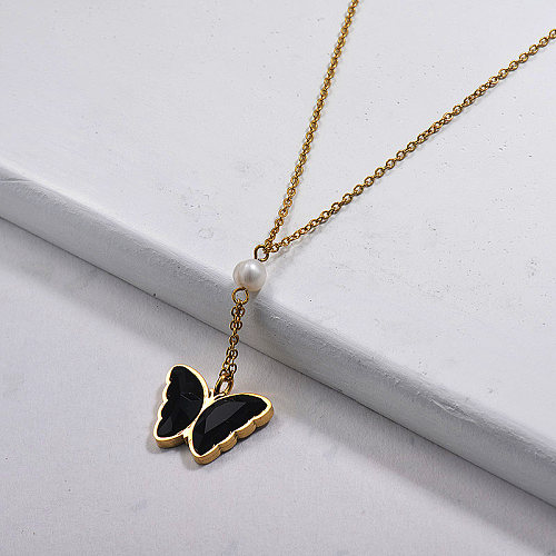 Wholesale Stainless Steel Crystal Butterfly Pearl Necklace