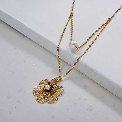Stainless Steel Flower Pearl Double Layered Necklace for Ladies