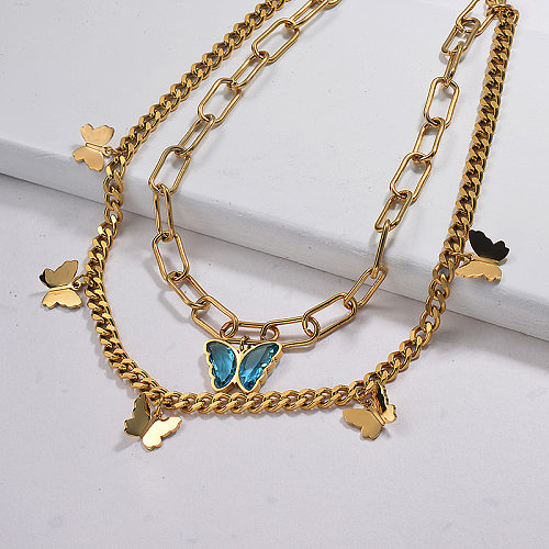 Chunky Crystal Butterfly Necklace Layered