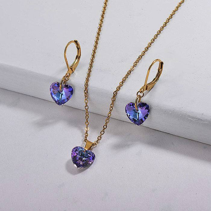 Conjuntos de colar de cristal em coração de aço inoxidável por atacado com conjuntos de joias nos brincos