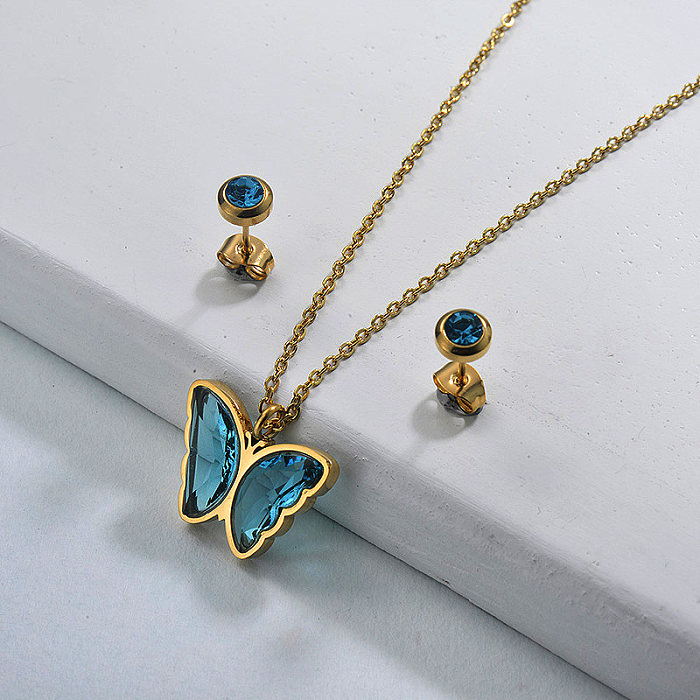 Conjuntos de joias com colar de cristal de borboleta em aço inoxidável