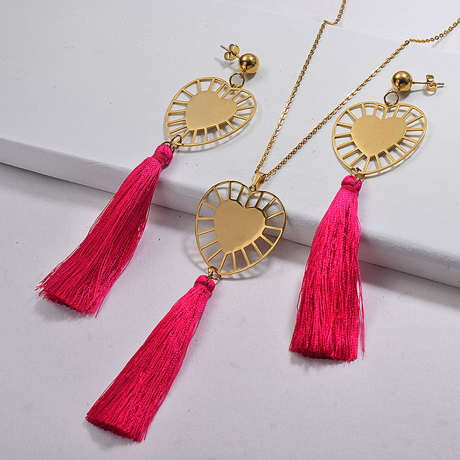 Wholesale Stainless Steel Heart Tassel Necklace Sets with Earirng Jewelry Sets