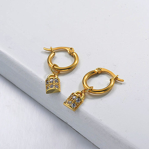 Gold Plated Jewelry Handmade Design Stainless Steel Lock Earrings